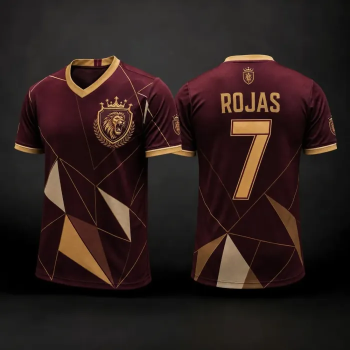 Propuesta 1: camiseta vinotinto y dorada con león